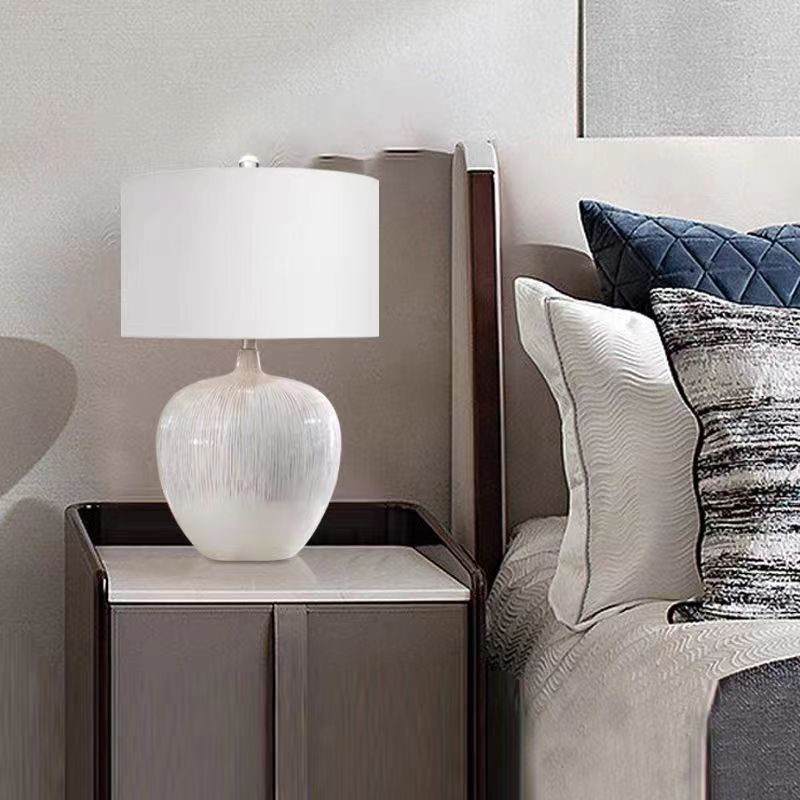 Contemporary Nordic Round Ceramic Fabric 1-Light Table Lamp For Living Room