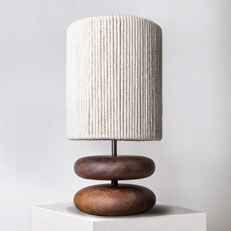 Traditional Japanese Cylinder Iron Wood Fabric 1-Light Table Lamp For Living Room