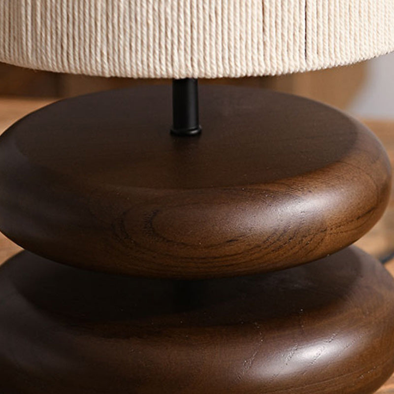 Traditional Japanese Cylinder Iron Wood Fabric 1-Light Table Lamp For Living Room
