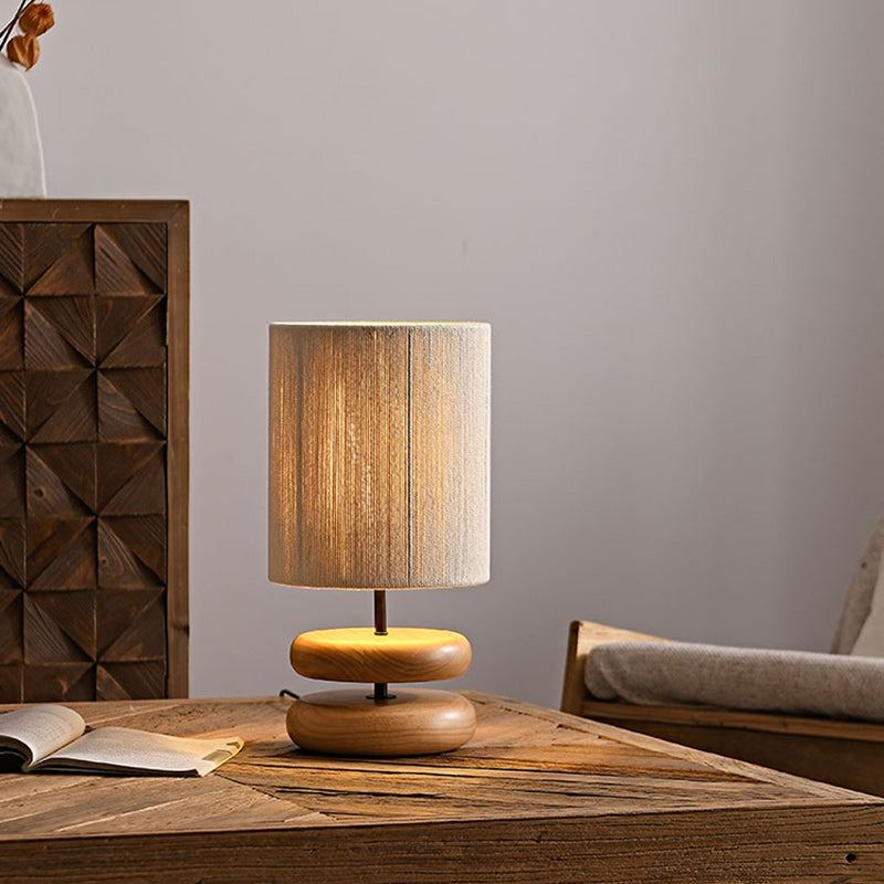 Traditional Japanese Cylinder Iron Wood Fabric 1-Light Table Lamp For Living Room