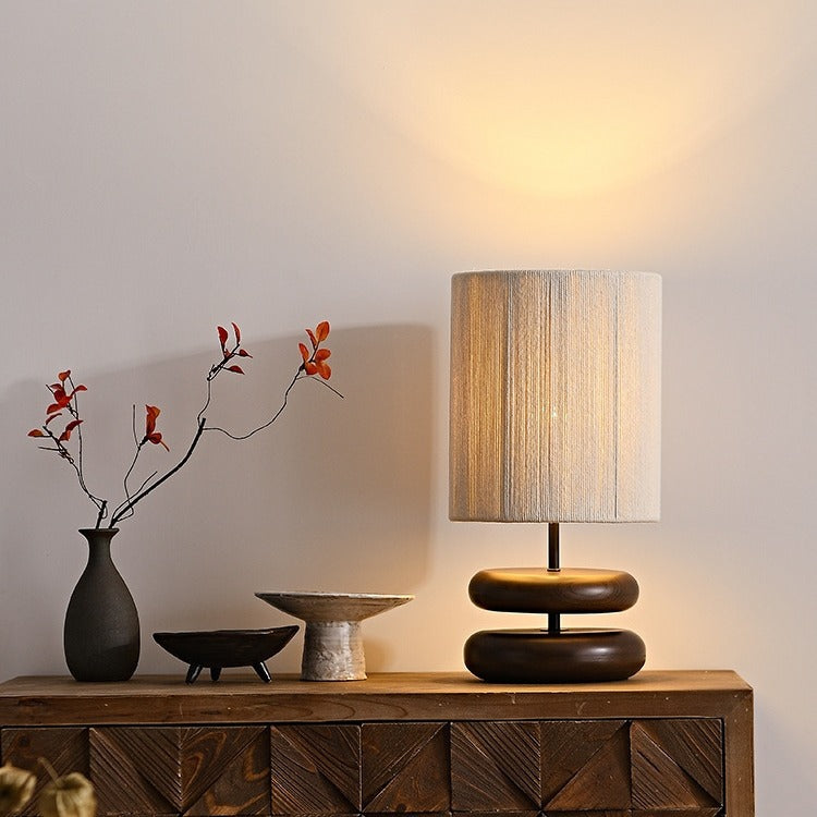 Traditional Japanese Cylinder Iron Wood Fabric 1-Light Table Lamp For Living Room