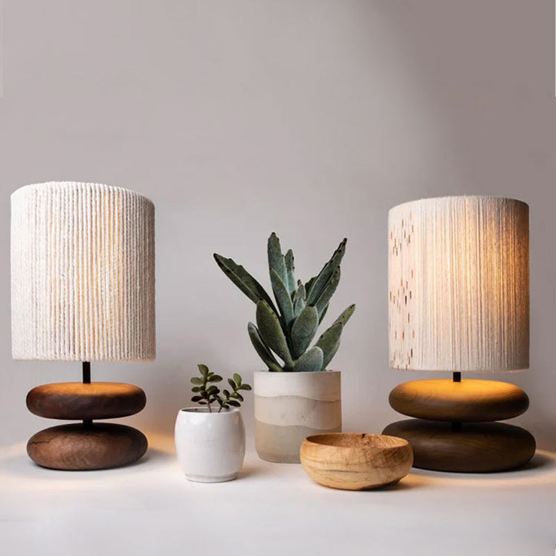 Traditional Japanese Cylinder Iron Wood Fabric 1-Light Table Lamp For Living Room
