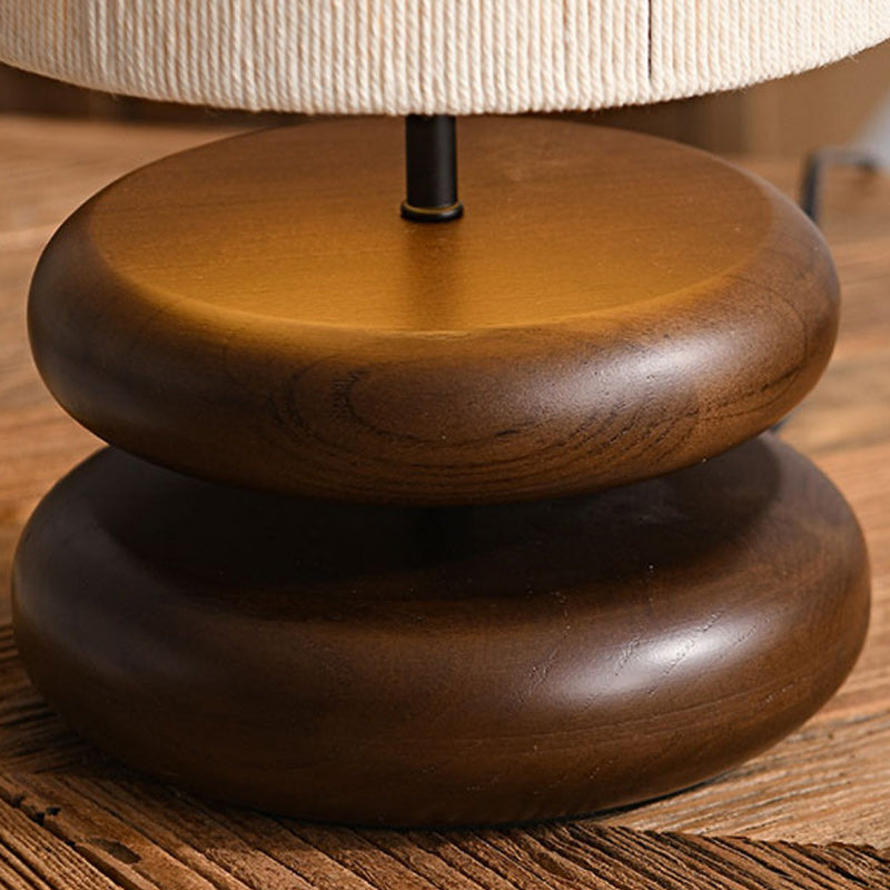 Traditional Japanese Cylinder Iron Wood Fabric 1-Light Table Lamp For Living Room