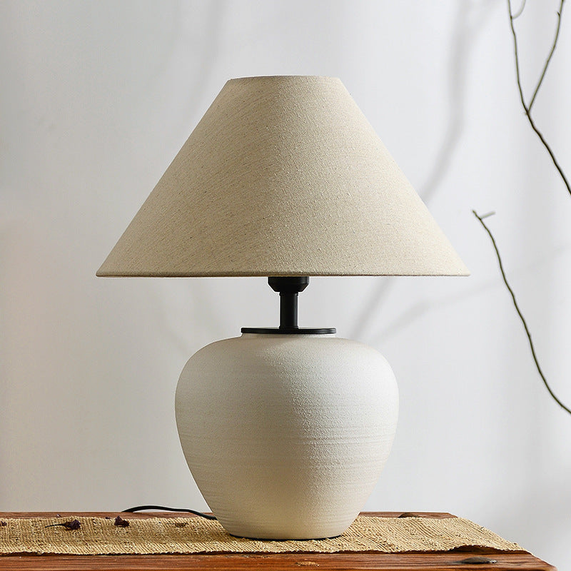 Traditional Japanese Drum Ceramic Fabric 1-Light Table Lamp For Living Room