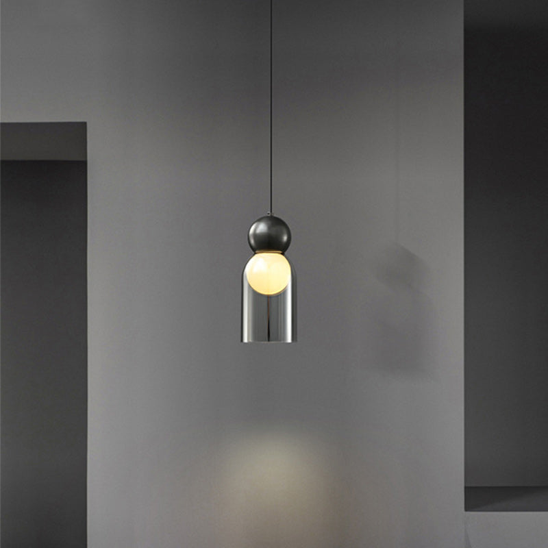 Contemporary Luxury Cylinder Oval Copper Glass 1-Light Pendant Light For Living Room