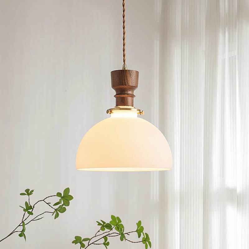Traditional French Dome Copper Wood Glass 1-Light Pendant Light For Living Room
