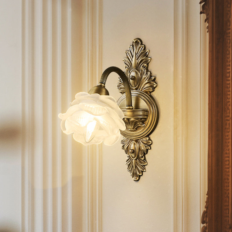 Traditional European Flower Copper Glass 1-Light Wall Sconce Lamp For Living Room