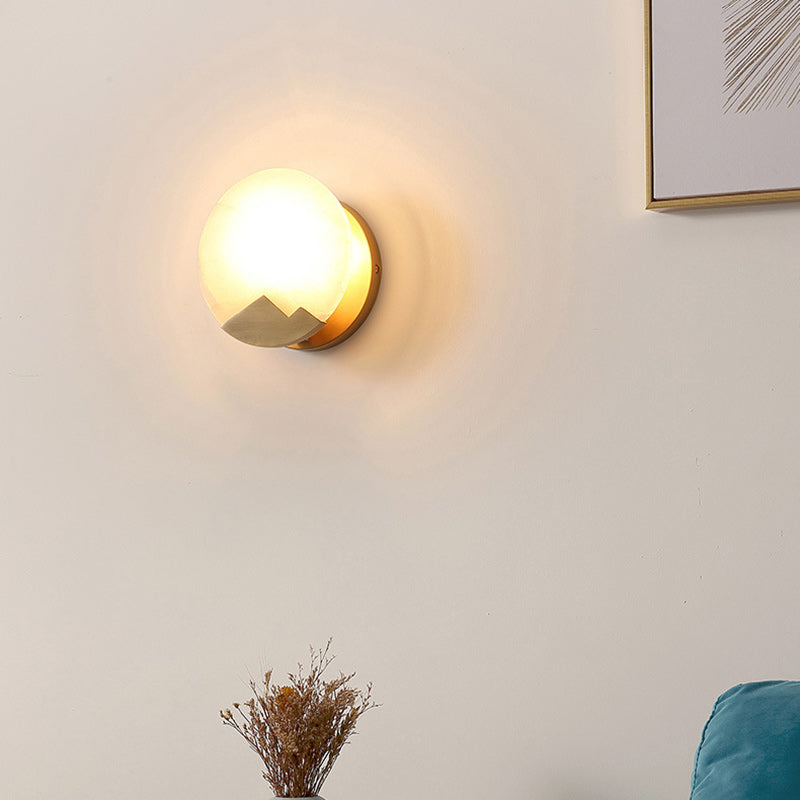 Contemporary Scandinavian Round Copper Stone 1-Light Wall Sconce Lamp For Living Room