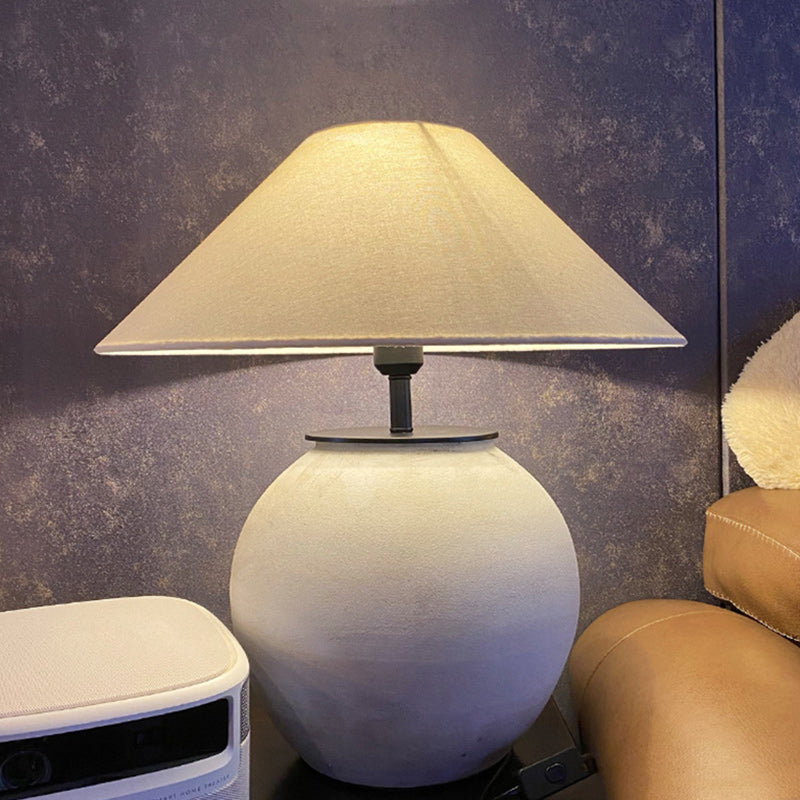 Traditional Japanese Drum Ceramic Fabric 1-Light Table Lamp For Living Room