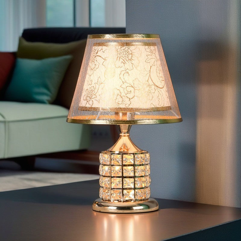 Contemporary Luxury Drum Iron Crystal Fabric 1-Light Table Lamp For Living Room
