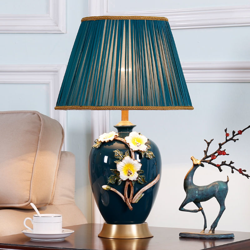 Traditional Chinese Drum Ceramic Copper Fabric Table Lamp For Living Room