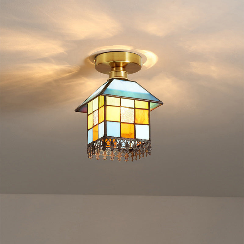 Traditional Japanese Rectangular Copper Glass 1-Light Semi-Flush Mount Ceiling Light For Living Room