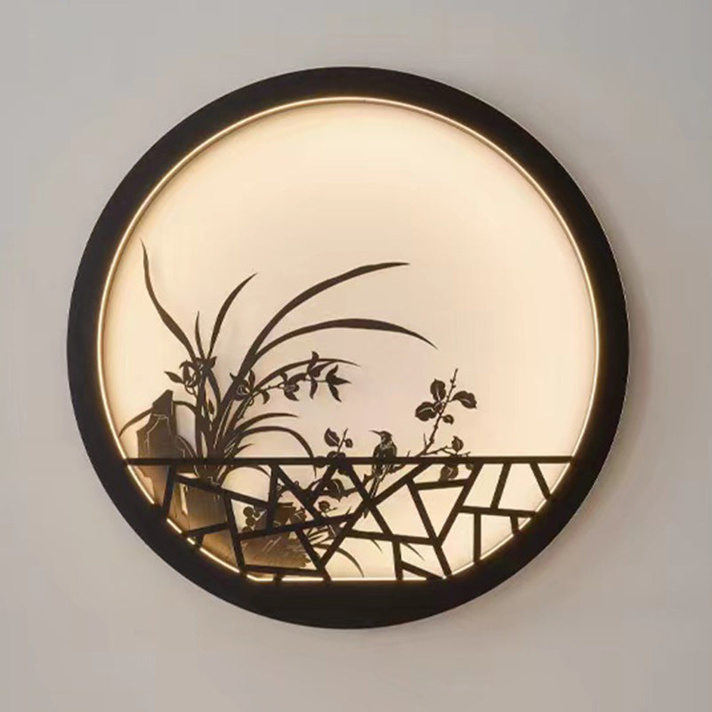 Traditional Chinese Round Iron Acrylic LED Wall Sconce Lamp For Garden