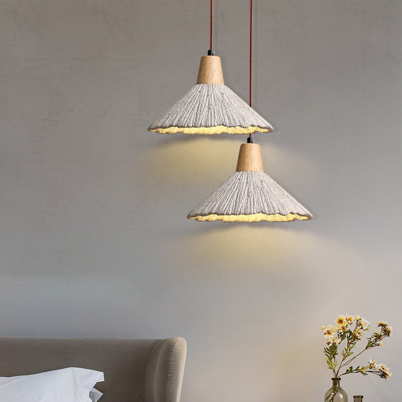 Traditional Japanese Cone Wood Cement 1-Light Pendant Light For Living Room
