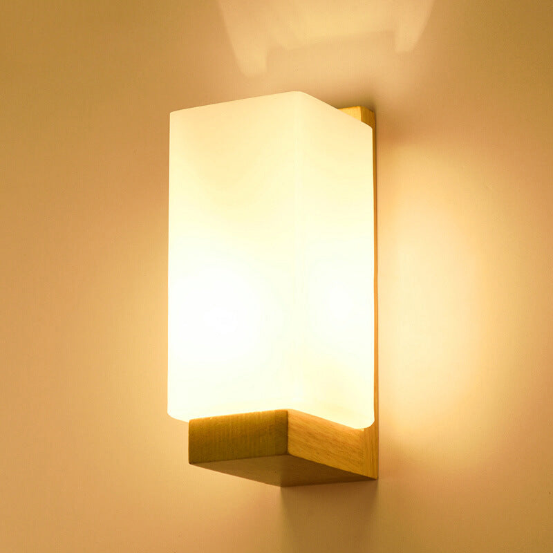 Contemporary Nordic Rectangular Wood Glass 1-Light Wall Sconce Lamp For Living Room