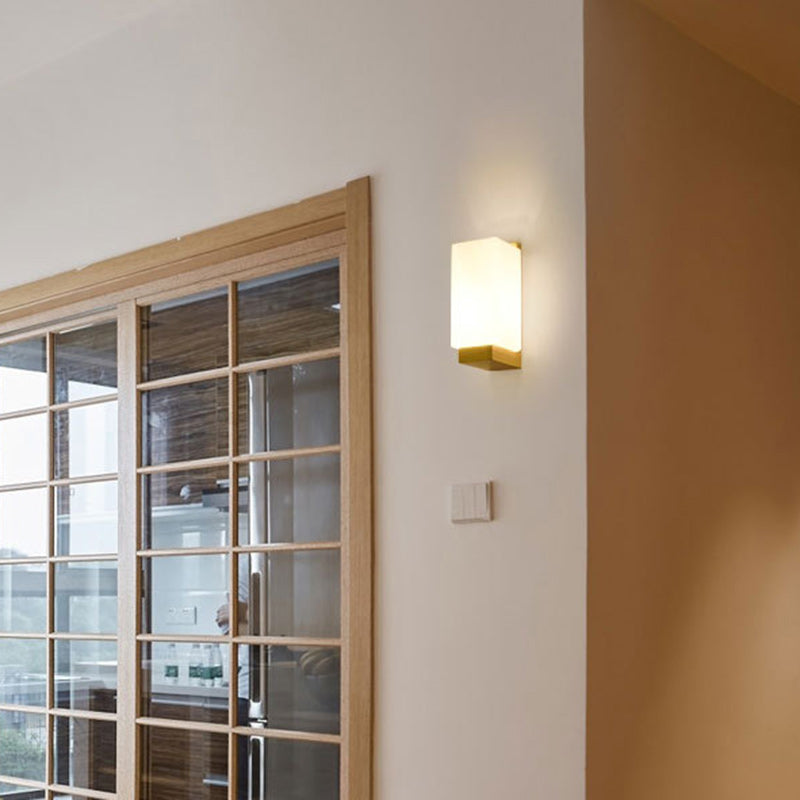 Contemporary Nordic Rectangular Wood Glass 1-Light Wall Sconce Lamp For Living Room