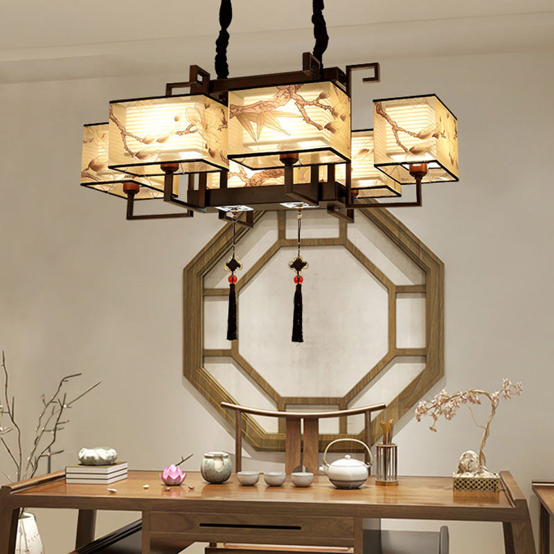 ثريات صينية تقليدية مستطيلة الشكل من القماش الحديدي، مزودة بأربعة أو ستة مصابيح لغرفة المعيشة