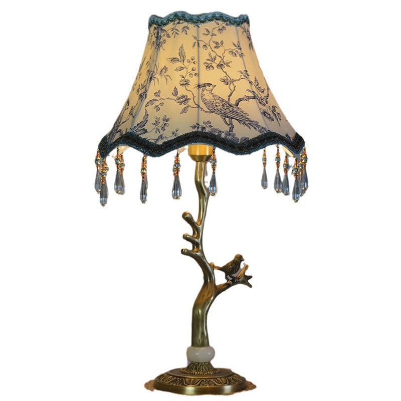 Traditional Vintage Root Base Bird Copper Fabric 1-Light Table Lamp For Bedroom