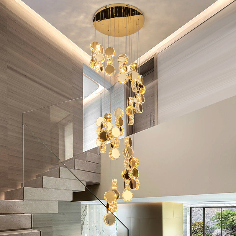 Modern Luxury Spiral Staircase Hanging Long Round Crystal Stainless Steel Loft LED Chandelier For Living Room