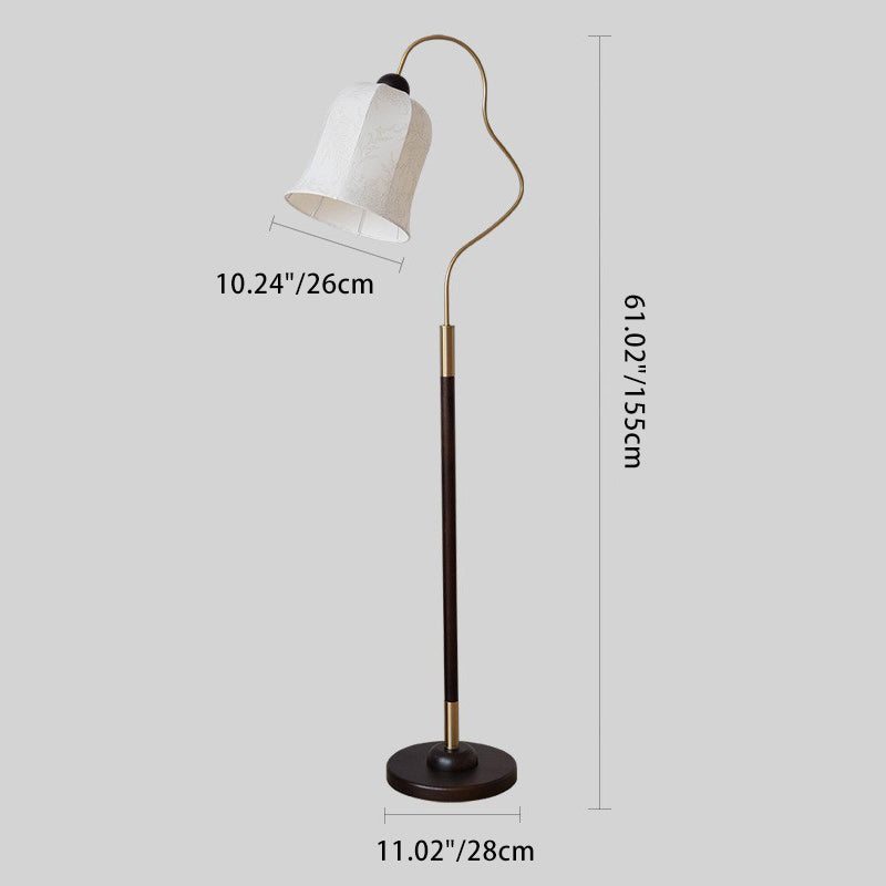 Traditional Vintage Curved Round Base Fabric Wood 1-Light Standing Floor Lamp For Living Room