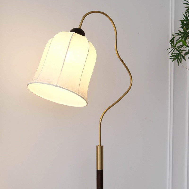 Traditional Vintage Curved Round Base Fabric Wood 1-Light Standing Floor Lamp For Living Room