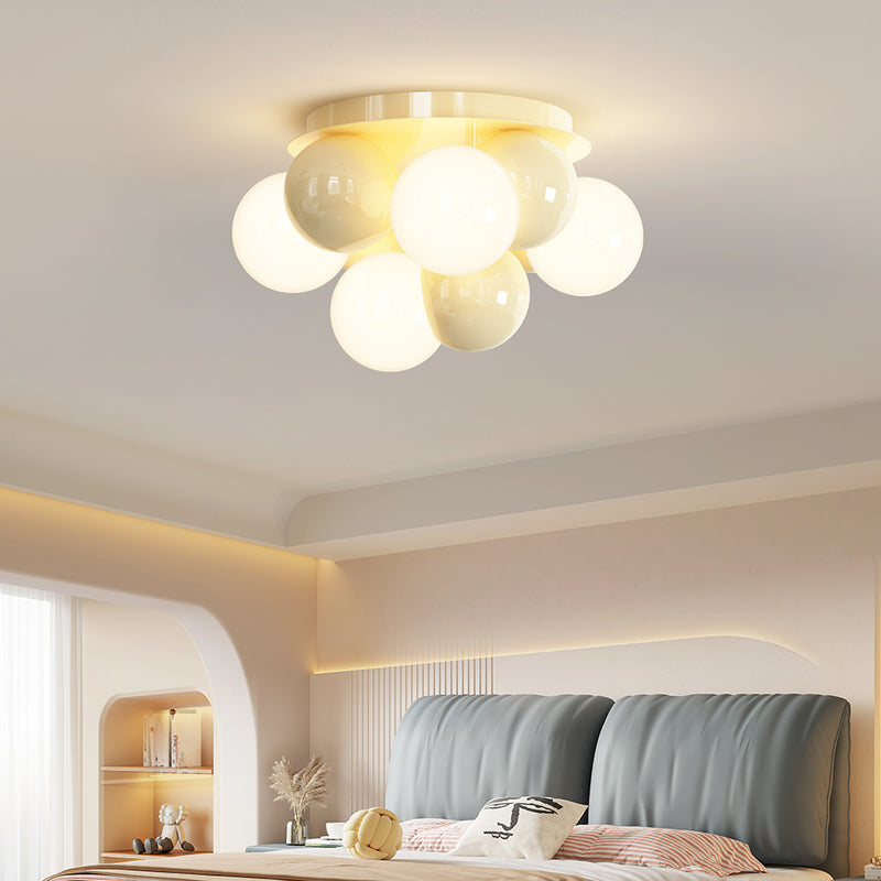 Contemporary Nordic Kids Iron Glass Ball Round Base 5-Light Semi-Flush Mount Ceiling Light For Bedroom