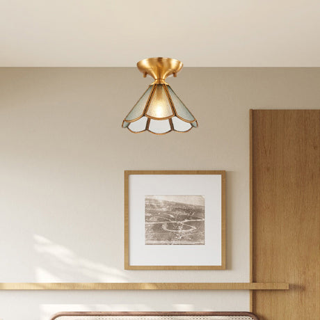 Modern Luxury Flower Cone Frosted Diamond Glass Brass Finish Frame 1/3-Light Semi-Flush Mount Ceiling Light For Living Room