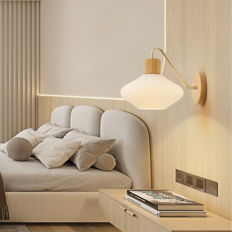 Contemporary Nordic Oval Striped Glass Wood 1-Light Wall Sconce Lamp For Living Room