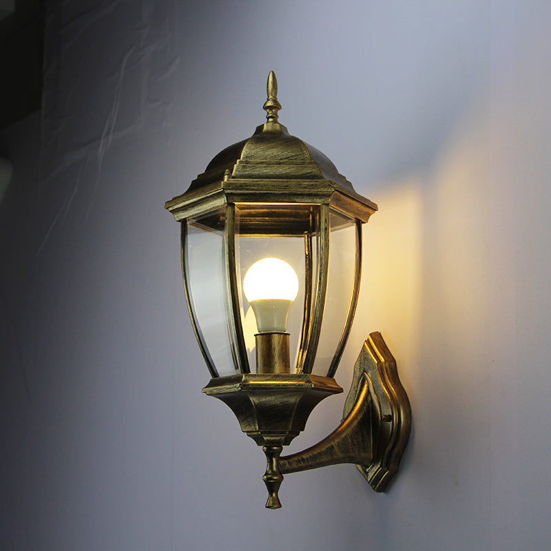 Contemporary Retro Waterproof Hexagonal Cage Aluminum Frosted Clear Glass 1-Light Wall Sconce Lamp For Outdoor Patio