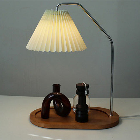 Traditional Vintage Umbrella Round Pleated Fabric Wood USB 1-Light Table Lamp For Living Room