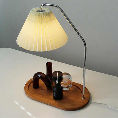 Traditional Vintage Umbrella Round Pleated Fabric Wood USB 1-Light Table Lamp For Living Room