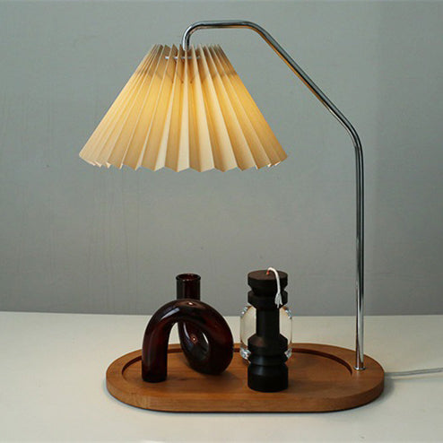Traditional Vintage Umbrella Round Pleated Fabric Wood USB 1-Light Table Lamp For Living Room