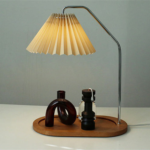 Traditional Vintage Umbrella Round Pleated Fabric Wood USB 1-Light Table Lamp For Living Room