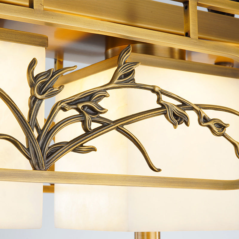 مصباح سقف LED مربع مستطيل الشكل من الرخام والنحاس الصيني التقليدي لغرفة المعيشة