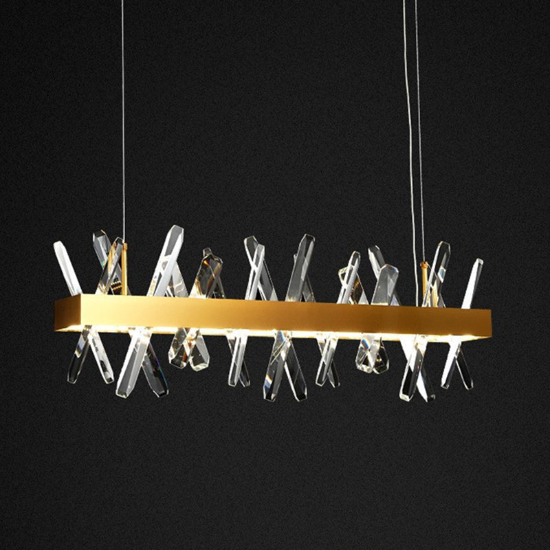 ثريات كريستال LED مستطيلة الشكل من الفولاذ المقاوم للصدأ بتصميم عصري فاخر لغرفة الطعام