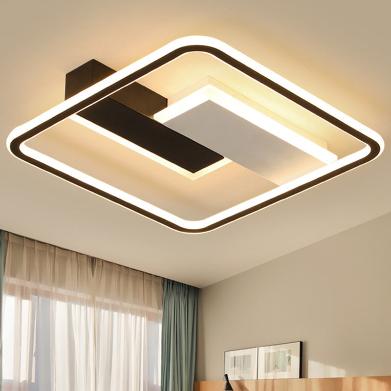 مصباح سقف LED شبه مسطح معاصر إبداعي مصنوع من الحديد والألومنيوم والأكريليك مربع الشكل باللونين الأبيض والأسود لغرفة النوم