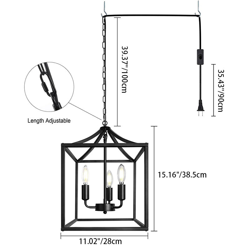 Contemporary Industrial Square Frame Iron 3-Light Pendant Light For Dining Room