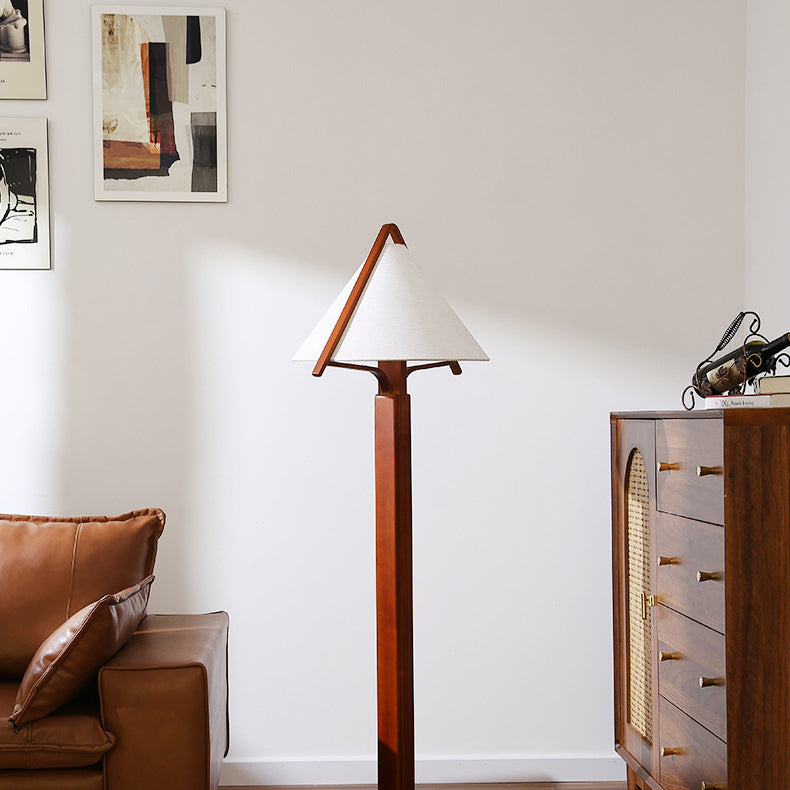 Traditional Vintage Triangle Shape Round Cone Wood Linen 1-Light Standing Floor Lamp For Bedroom