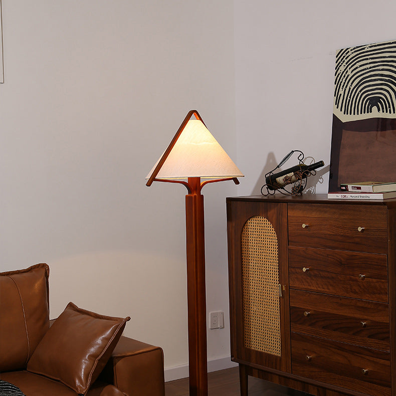 Traditional Vintage Triangle Shape Round Cone Wood Linen 1-Light Standing Floor Lamp For Bedroom