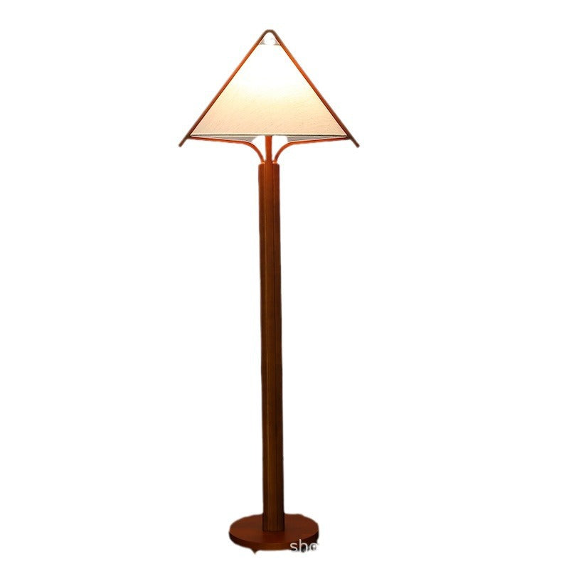 Traditional Vintage Triangle Shape Round Cone Wood Linen 1-Light Standing Floor Lamp For Bedroom