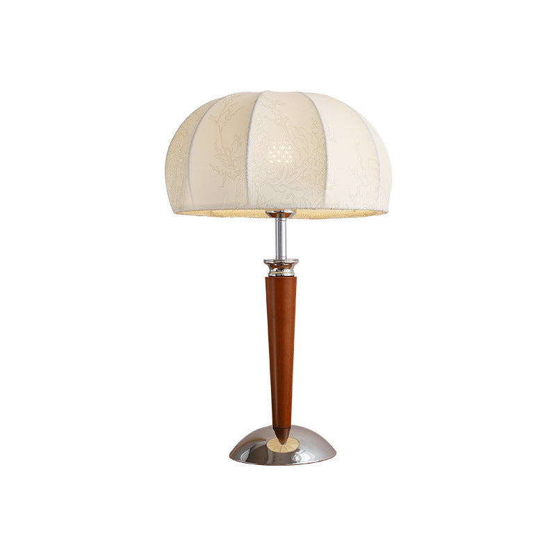 Traditional Vintage Pull Chain Dome Peony Print Pattern Fabric Wood Iron 1-Light Table Lamp For Bedroom