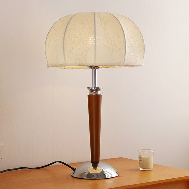 Traditional Vintage Pull Chain Dome Peony Print Pattern Fabric Wood Iron 1-Light Table Lamp For Bedroom