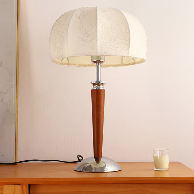 Traditional Vintage Pull Chain Dome Peony Print Pattern Fabric Wood Iron 1-Light Table Lamp For Bedroom