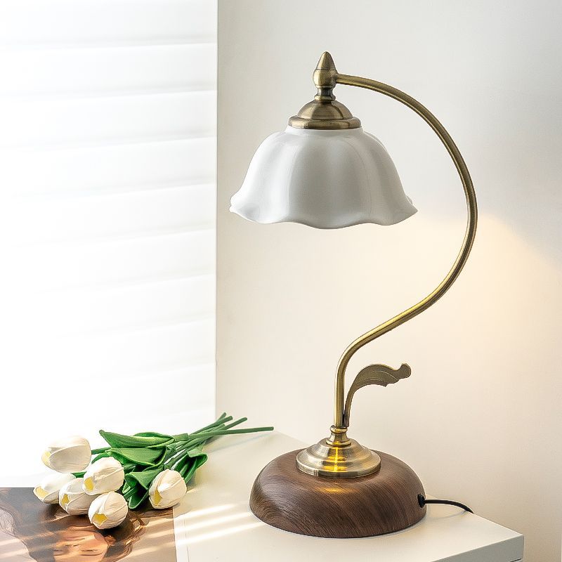 Contemporary Retro Dome Flower Iron Glass Ceramic 1-Light Table Lamp For Bedroom