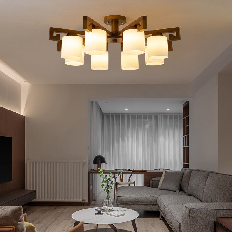 Traditional Chinese Branch Cylinder Round Glass Wood 5/8 Light Chandeliers For Living Room