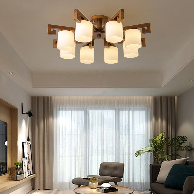 Traditional Chinese Branch Cylinder Round Glass Wood 5/8 Light Chandeliers For Living Room