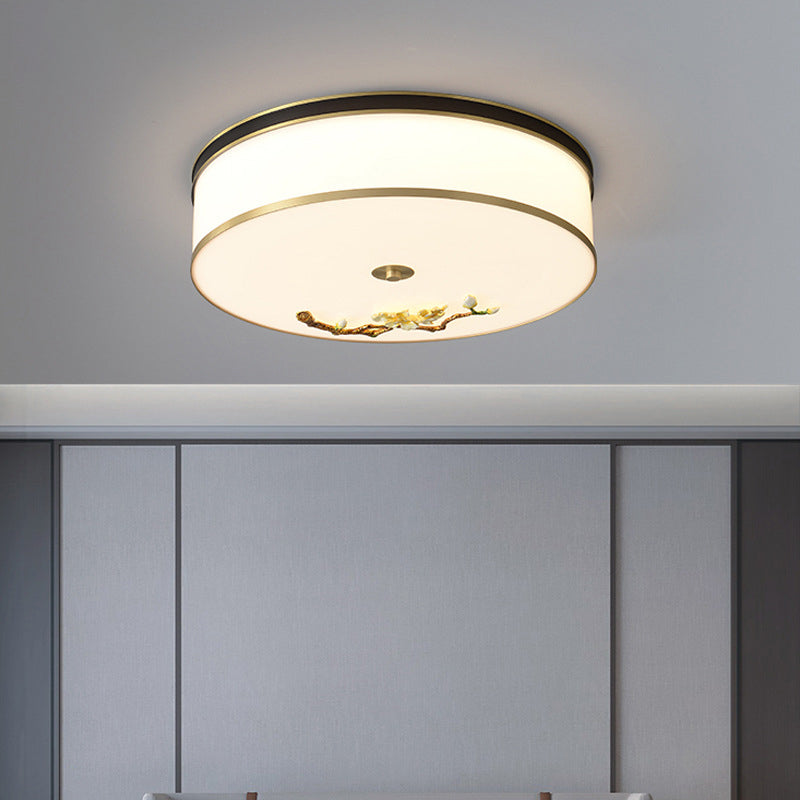 Traditional Chinese Brass Ceramic Plum Blossom Drum Shape Acrylic LED Flush Mount Ceiling Light For Living Room