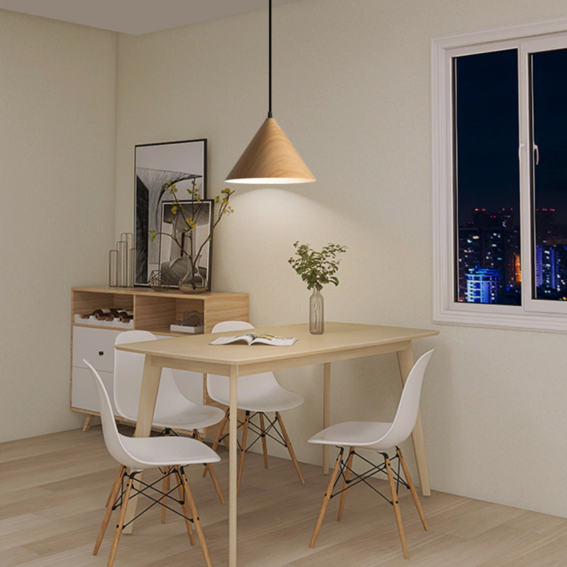 Contemporary Nordic Wood Grain Color Tapered Iron 1-Light Pendant Light For Living Room