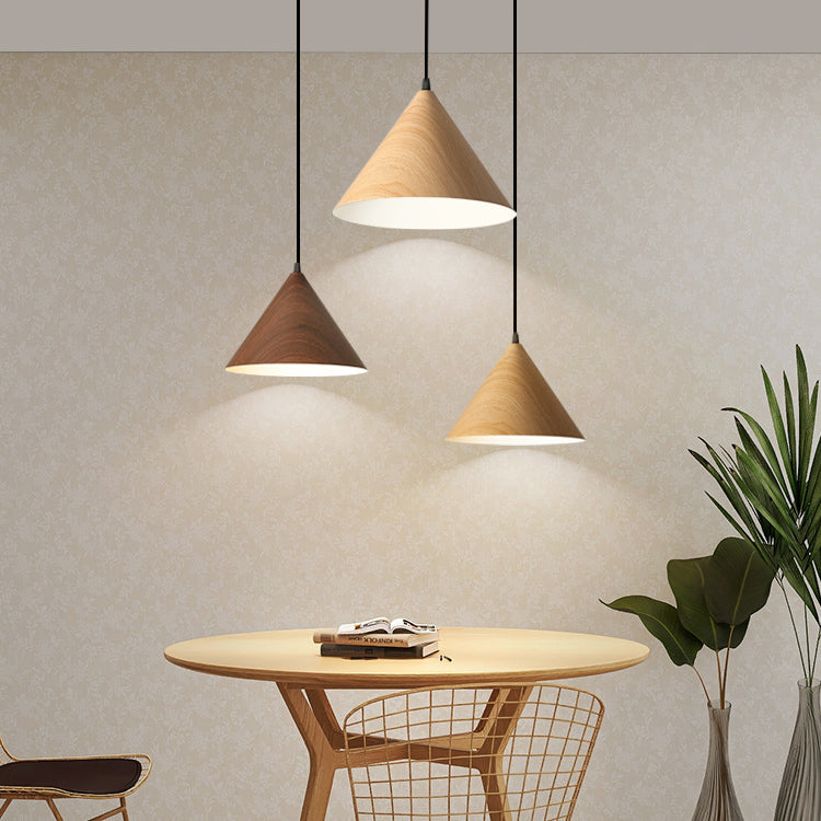 Contemporary Nordic Wood Grain Color Tapered Iron 1-Light Pendant Light For Living Room