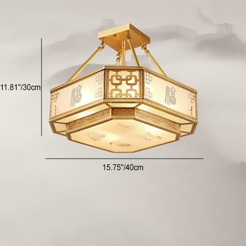 Traditional Chinese Octagon Printing Frosted Glass Brass 4-Light Chandelier For Living Room
